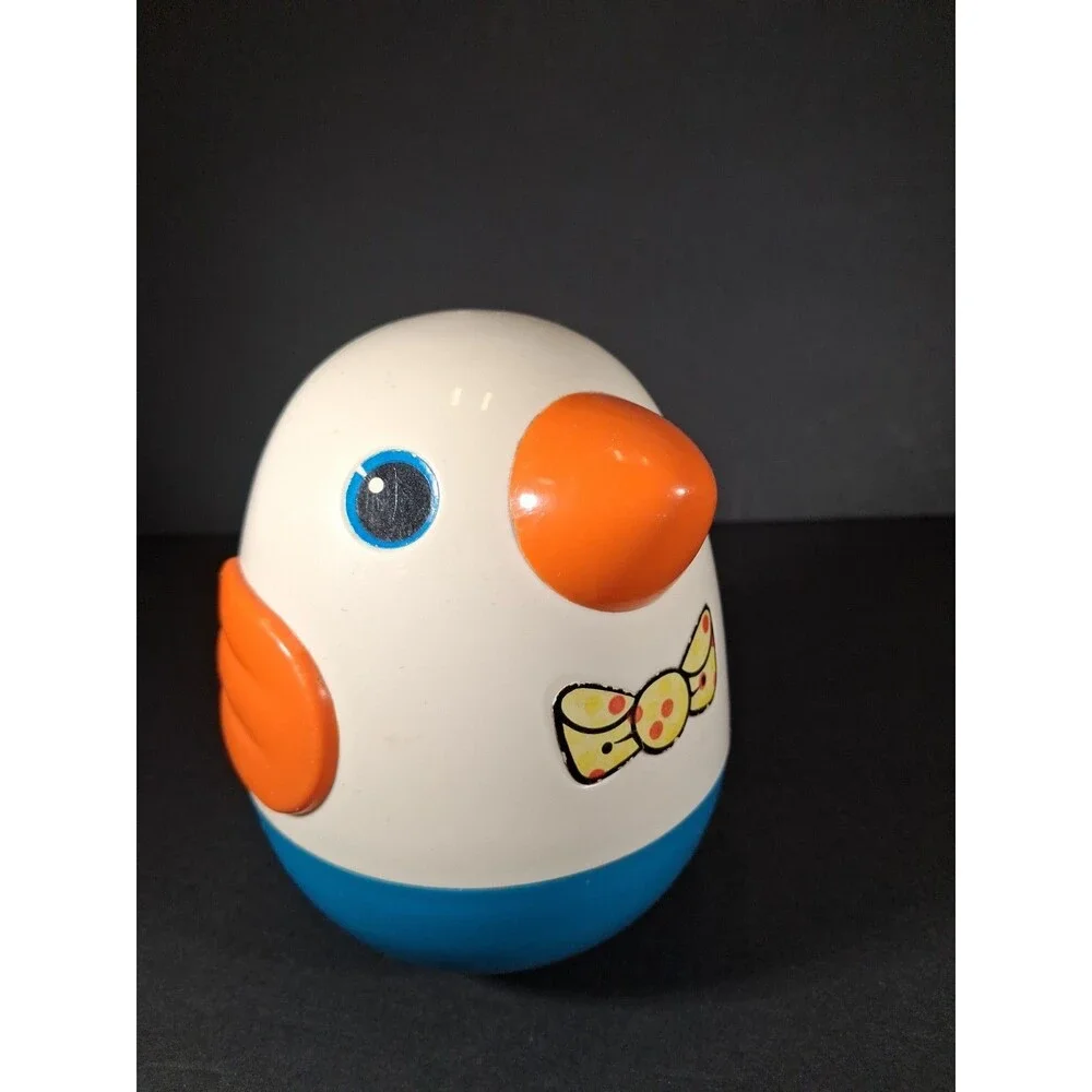 Vintage Playskool Roly Poly Chime Bird Toy Blue White Orange Bowtie Wobble